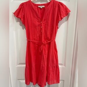 LOFT Coral Flutter Sleeve Tie-Waist Dress - M